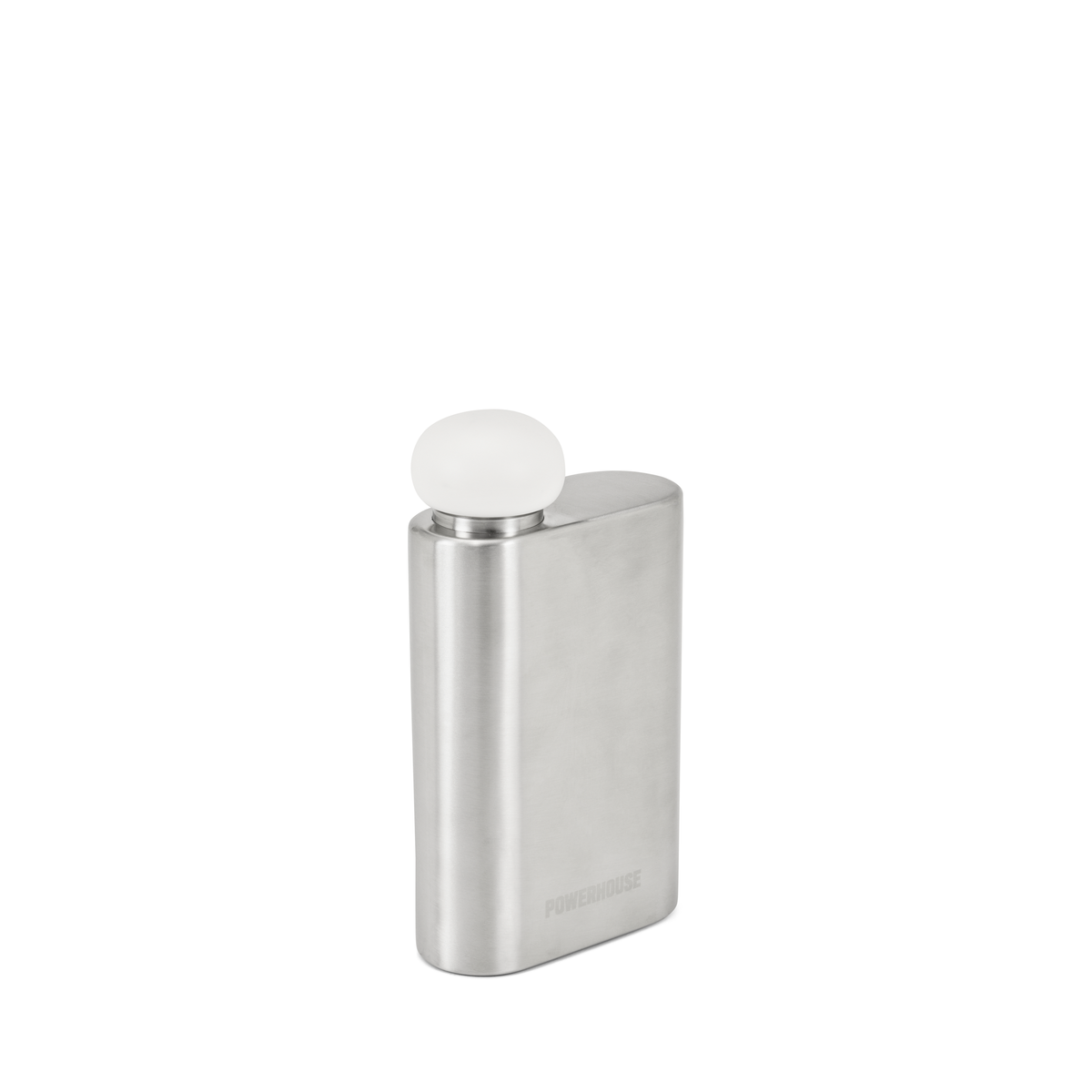 A stainless steel water bottle with a white frosted cap.