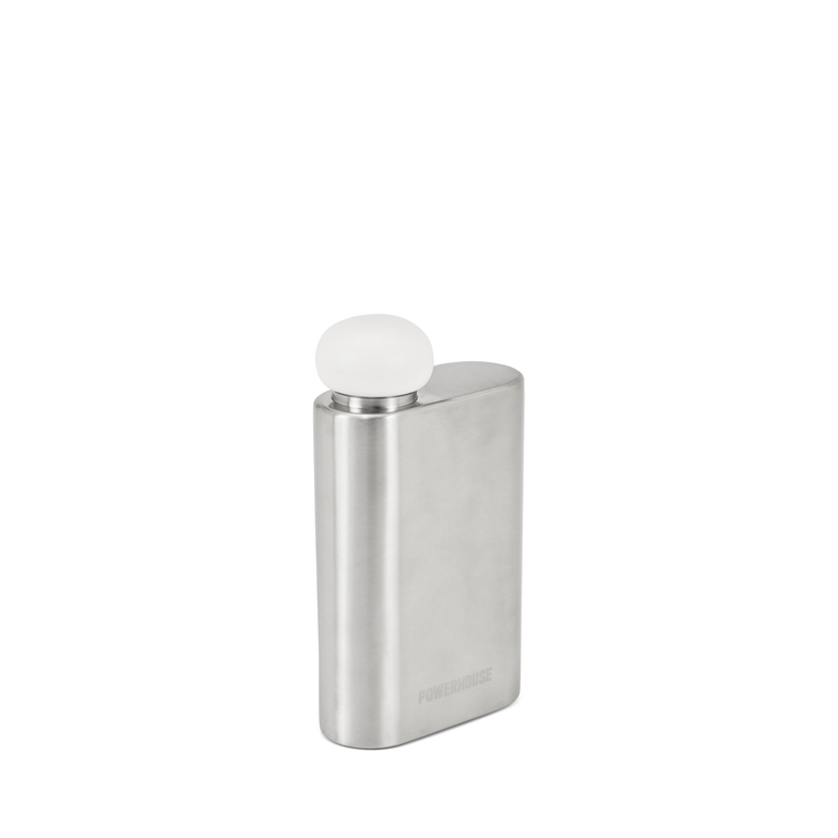 A stainless steel water bottle with a white frosted cap.